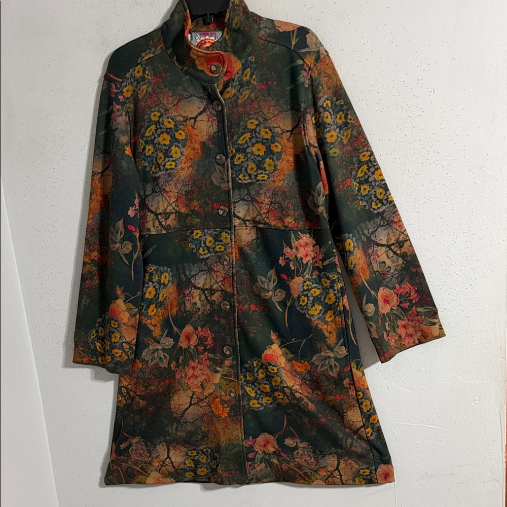 Johnny WasFloral Patterned Coat with Button Closure down the entire length NWOT